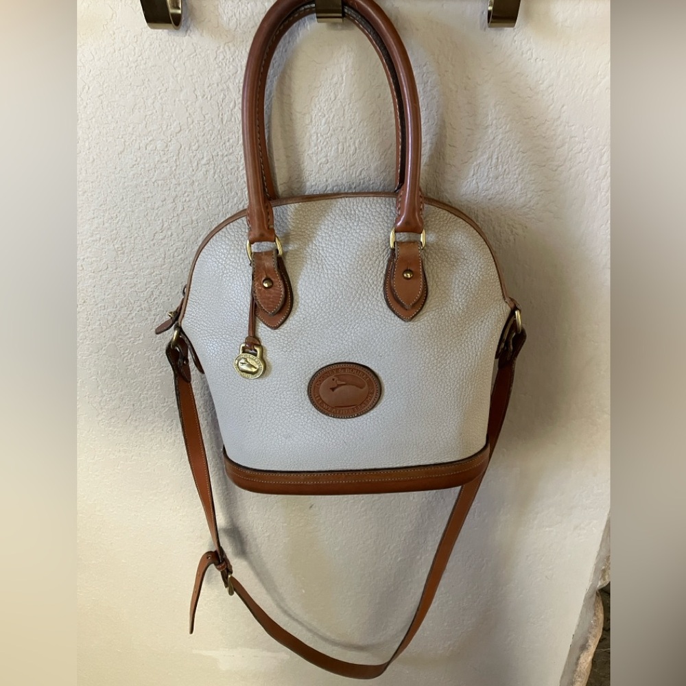 Dooney & Bourke Cream and Brown Pebbled Leather Satchel with Strap